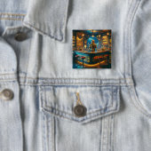 Badge Carré 5 Cm Robot Bartender in Interstellar Space Age Dive Bar (En situation)