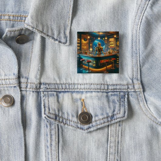 Badge Carré 5 Cm Robot Bartender in Interstellar Space Age Dive Bar (En situation)