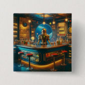 Badge Carré 5 Cm Robot Bartender in Interstellar Space Age Dive Bar (Devant)