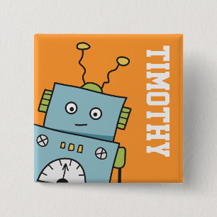 Badge Carré 5 Cm Robot bleu mignon avec le nom personnalisé