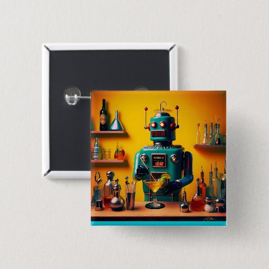 Badge Carré 5 Cm Robot futuriste rétro ROBIA 12J2 Mixologue (Devant & derrière)