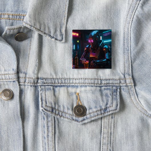Badge Carré 5 Cm Robot solitaire à Neon Bar - Cyberpunk Emotional S (En situation)