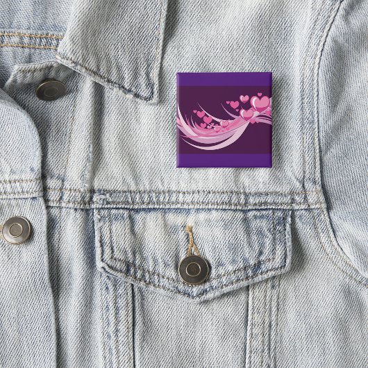 Badge Carré 5 Cm Romantique Abstrait Coeurs Rose Design Sur Violet