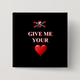 Badge Carré 5 Cm Romantique drôle pirate et coeur d'amour rouge