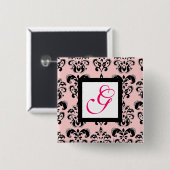 Badge Carré 5 Cm ROSE BLACK DAMASK CARRÉ BLANC MONOGRAM Fuchsia (Devant & derrière)