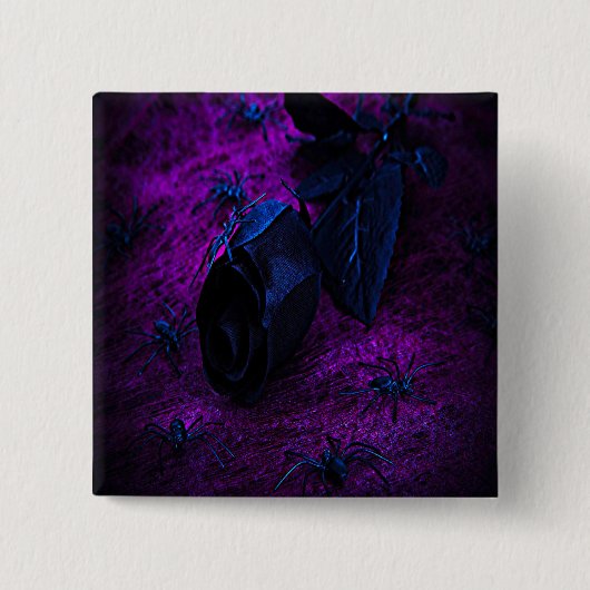 Badge Carré 5 Cm Rose éffrayant en matière noire, araignées noires (Devant)