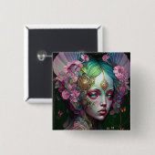 Badge Carré 5 Cm Rose Green Elf Fairy Femme Imaginaire Art (Devant & derrière)