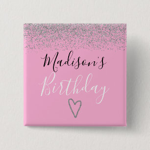 Badge Carré 5 Cm Rose Pailleté Argent Anniversaire Fille