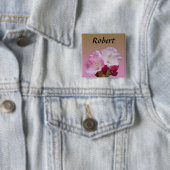 Badge Carré 5 Cm rose rhododendron fleurs nom (En situation)