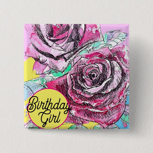 Badge Carré 5 Cm Rose rouge Aquarelle rose couleur rose maman art (Devant)