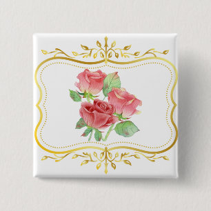 Badge Carré 5 Cm roses anciennes cadre doré dessin floral