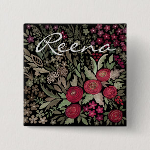 Badge Carré 5 Cm Roses aquarelle, sur un arrière - plan noir, aquar