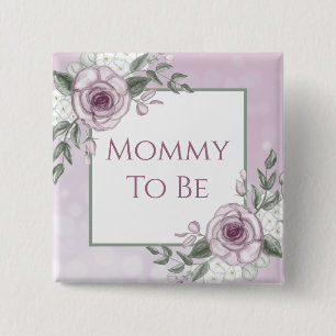 Badge Carré 5 Cm Roses mauves, Maman à être, Bouton Baby shower