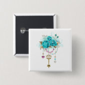 Badge Carré 5 Cm Roses turquoise avec touches (Devant & derrière)