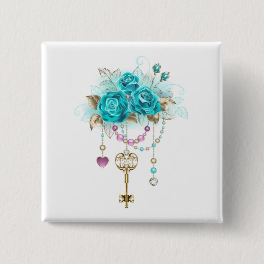 Badge Carré 5 Cm Roses turquoise avec touches (Devant)
