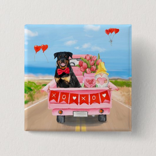 Badge Carré 5 Cm Rottweiler Chien Saint Valentin Coeurs de Camion (Devant)