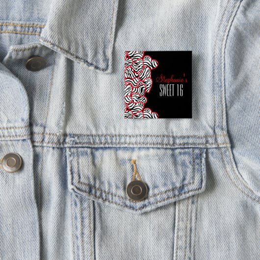 Badge Carré 5 Cm Rouge doux élégant 16 Zebra Heart Design Nom (En situation)