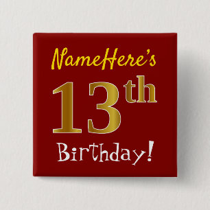 Badge Carré 5 Cm Rouge, Faux Gold 13e anniversaire, avec nom person