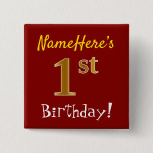 Badge Carré 5 Cm Rouge, Faux Gold 1er Anniversaire, Avec Nom Person