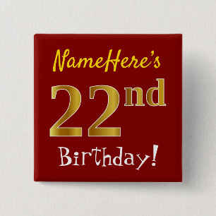 Badge Carré 5 Cm Rouge, Faux Gold 22e anniversaire, avec nom person
