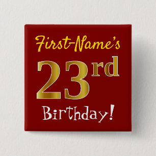 Badge Carré 5 Cm Rouge, Faux Gold 23e anniversaire, avec nom person