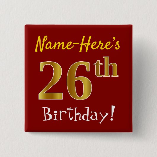 Badge Carré 5 Cm Rouge, Faux Gold 26e anniversaire, avec nom person (Devant)