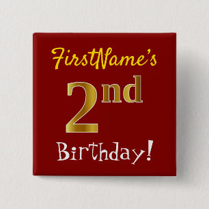 Badge Carré 5 Cm Rouge, Faux Gold 2e anniversaire, avec nom personn