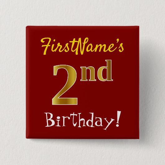 Badge Carré 5 Cm Rouge, Faux Gold 2e anniversaire, avec nom personn (Devant)