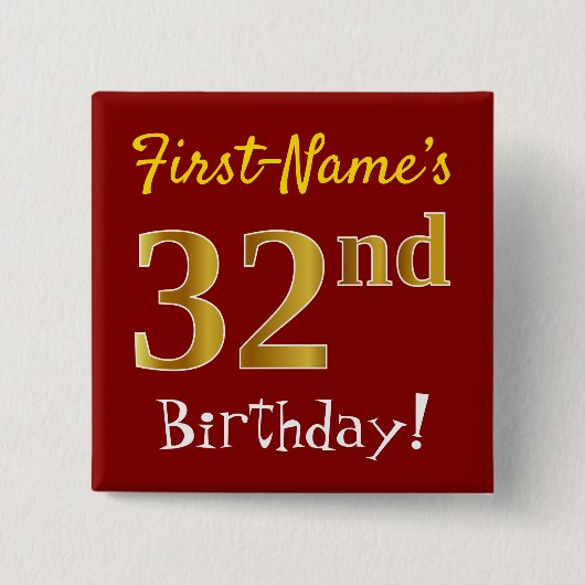 Badge Carré 5 Cm Rouge, Faux Gold 32e anniversaire, avec nom person (Devant)