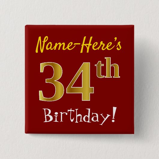 Badge Carré 5 Cm Rouge, Faux Gold 34ème Anniversaire, Avec Nom Pers (Devant)
