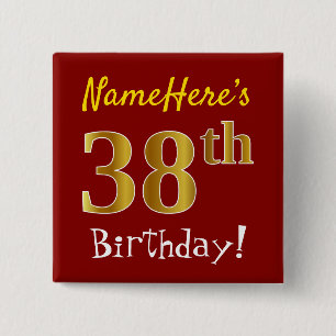 Badge Carré 5 Cm Rouge, Faux Gold 38e anniversaire, avec nom person