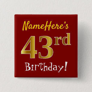 Badge Carré 5 Cm Rouge, Faux Gold 43e anniversaire, avec nom person