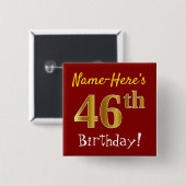 Badge Carré 5 Cm Rouge, Faux Gold 46e Anniversaire, Avec Nom Person (Devant & derrière)