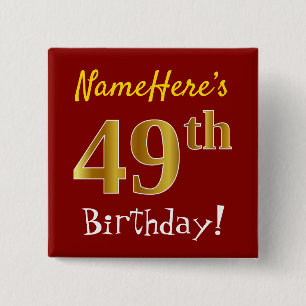 Badge Carré 5 Cm Rouge, Faux Gold 49e Anniversaire, Avec Nom Person