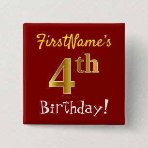 Badge Carré 5 Cm Rouge, Faux Gold 4e anniversaire, avec nom personn