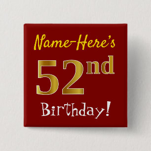 Badge Carré 5 Cm Rouge, Faux Gold 52e Anniversaire, Avec Nom Person