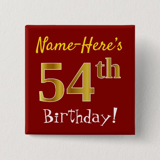 Badge Carré 5 Cm Rouge, Faux Gold 54ème Anniversaire, Avec Nom Pers (Devant)