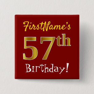 Badge Carré 5 Cm Rouge, Faux Gold 57e Anniversaire, Avec Nom Person