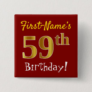 Badge Carré 5 Cm Rouge, Faux Gold 59e Anniversaire, Avec Nom Person