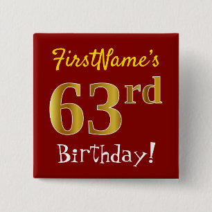 Badge Carré 5 Cm Rouge, Faux Gold 63e anniversaire, avec nom person
