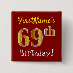 Badge Carré 5 Cm Rouge, Faux Gold 69e anniversaire, avec nom person