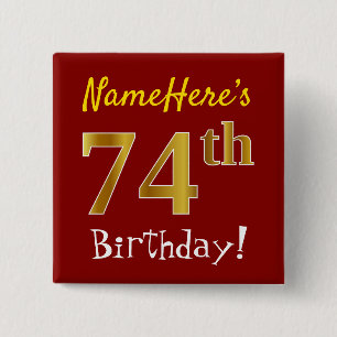 Badge Carré 5 Cm Rouge, Faux Gold 74e anniversaire, avec nom person