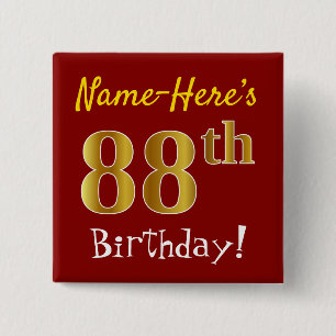Badge Carré 5 Cm Rouge, Faux Gold 88e anniversaire, avec nom person