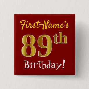 Badge Carré 5 Cm Rouge, Faux Gold 89e Anniversaire, Avec Nom Person