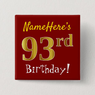 Badge Carré 5 Cm Rouge, Faux Gold 93ème Anniversaire, Avec Nom Pers