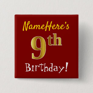 Badge Carré 5 Cm Rouge, Faux Gold 9e anniversaire, avec nom personn