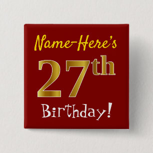 Badge Carré 5 Cm Rouge, Faux Or 27e Anniversaire, Avec Nom Personna