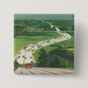 Badge Carré 5 Cm Routes Scéniques Américaines Vintage, Road Trip en