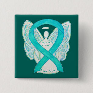 Badge Carré 5 Cm Ruban de sensibilisation OCD Turquoise Gardien Ang