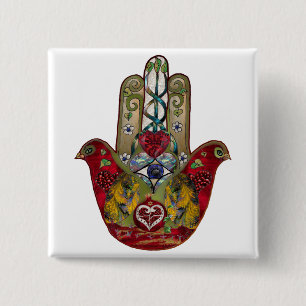 Badge Carré 5 Cm Ruby Pomegranate Heart Red Bird Hamsa